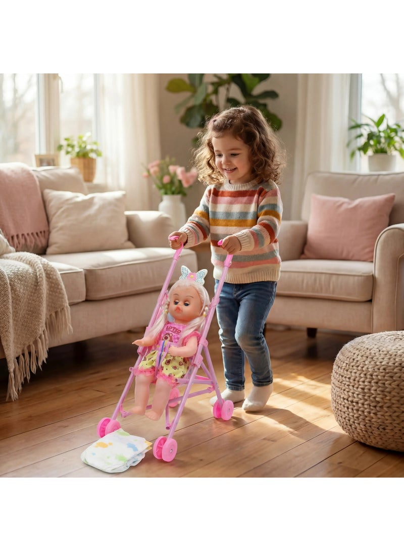 Baby Doll Stroller Playset with Accessories – Foldable Toy Buggy, Feeding Bottle & Diaper – Realistic Pretend Play Gift for Kids & Toddlers - Image 1